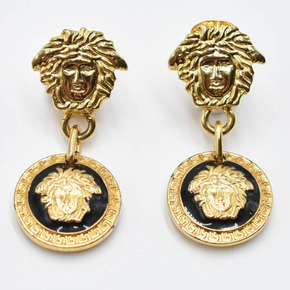 Versace Jewelry - Versace Medusa Medallion Catwalk Earrings in Black/White Gold-Tone Circa 1980s